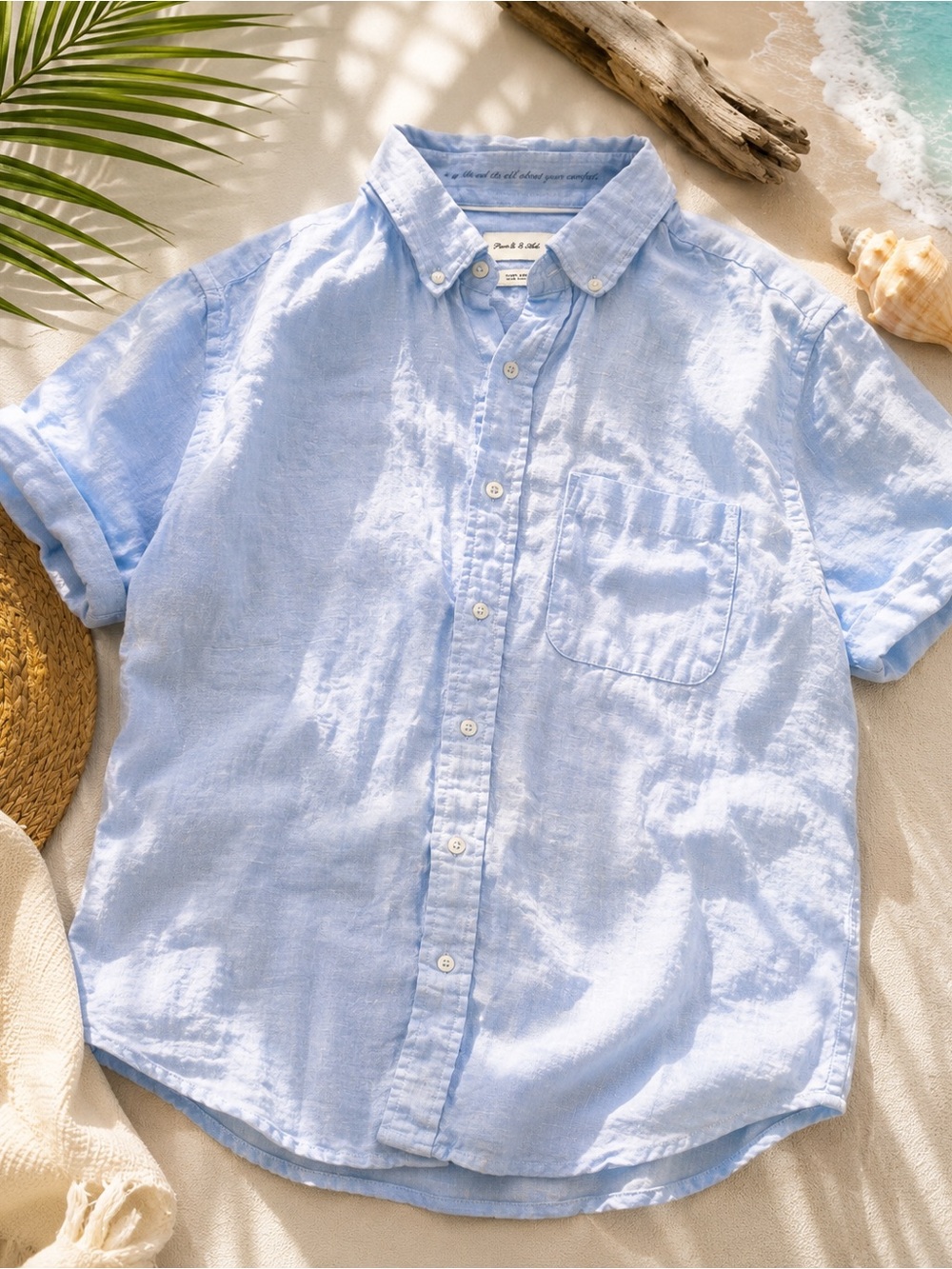 Porter & Ash 100% Linen Short Sleeve Button Front Shirt Light Blue Size Large